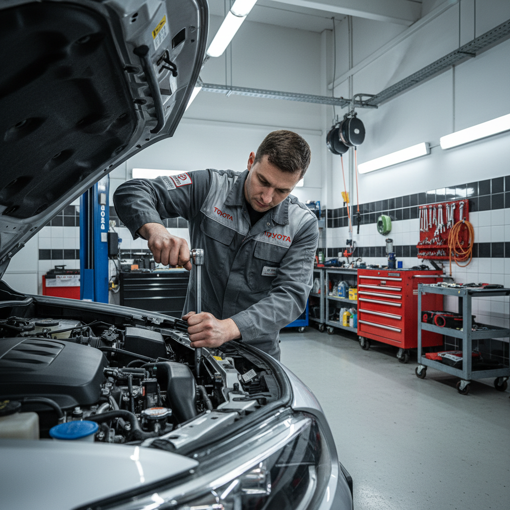 Toyota technician with torque wrench performing engine inspection in service bay under bright shop lighting