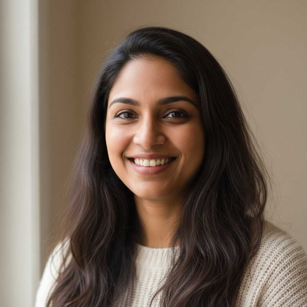 South Asian woman with long dark hair smiling warmly