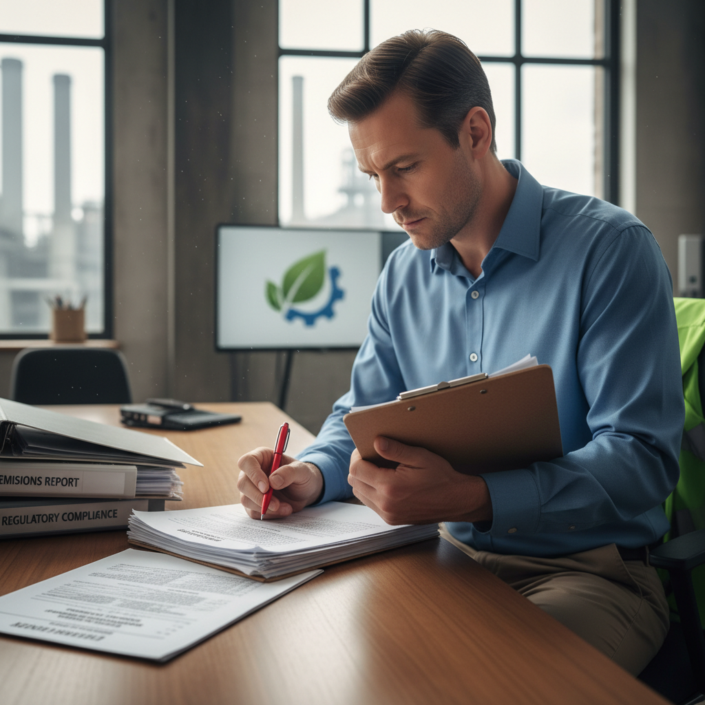 Environmental auditor reviewing industrial compliance documents at a manufacturing facility, clipboard in hand