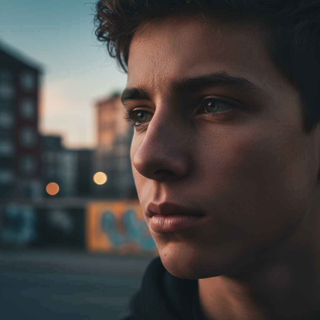 Teenager looking intently offscreen, dramatic side light, urban background, expression impossible to name