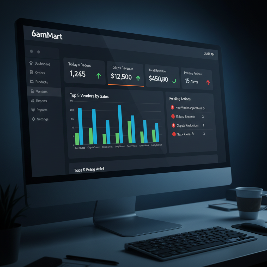 Multi-vendor marketplace admin dashboard showing product catalog management and vendor performance analytics
