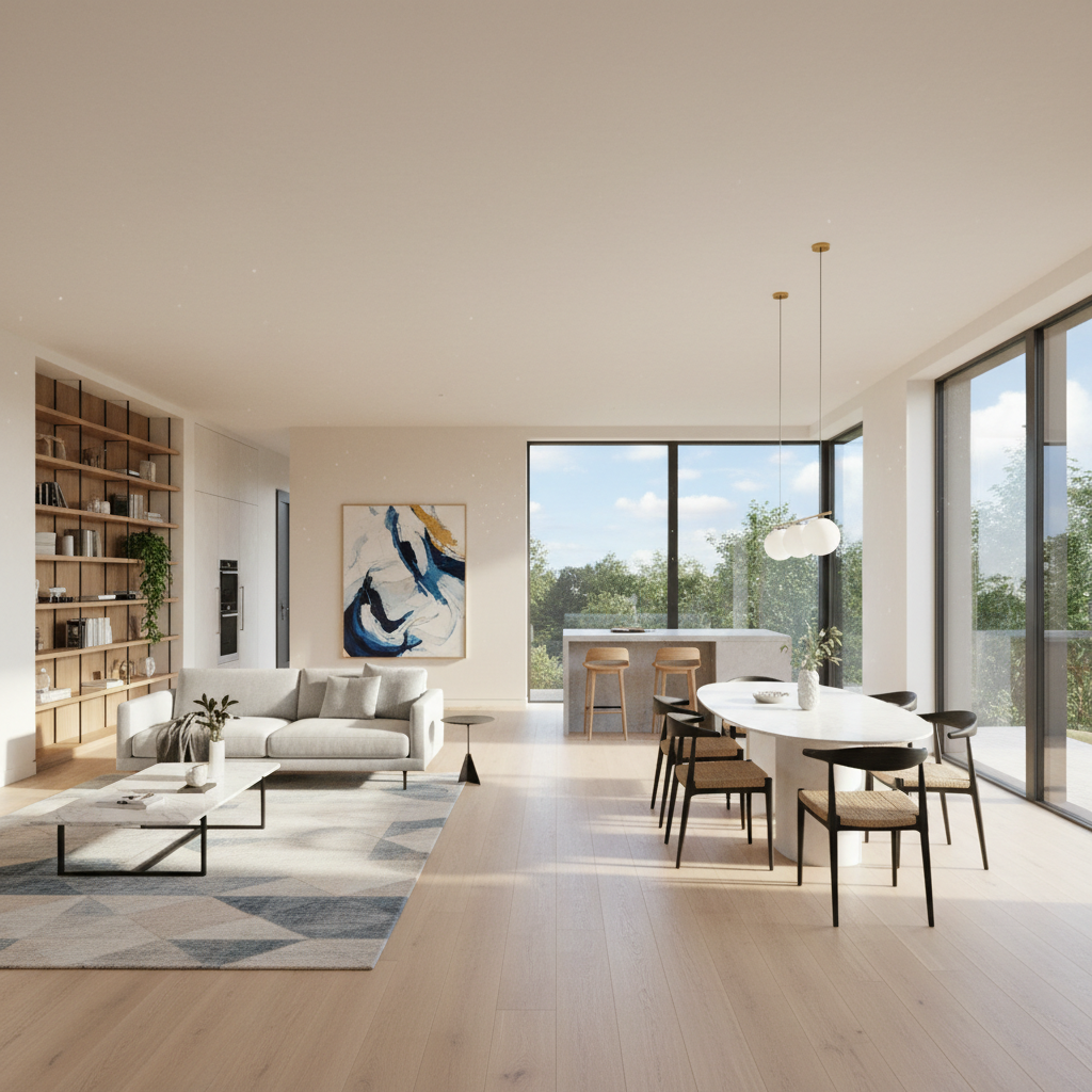 Bright new home interior with natural light streaming through large windows, ready for occupancy