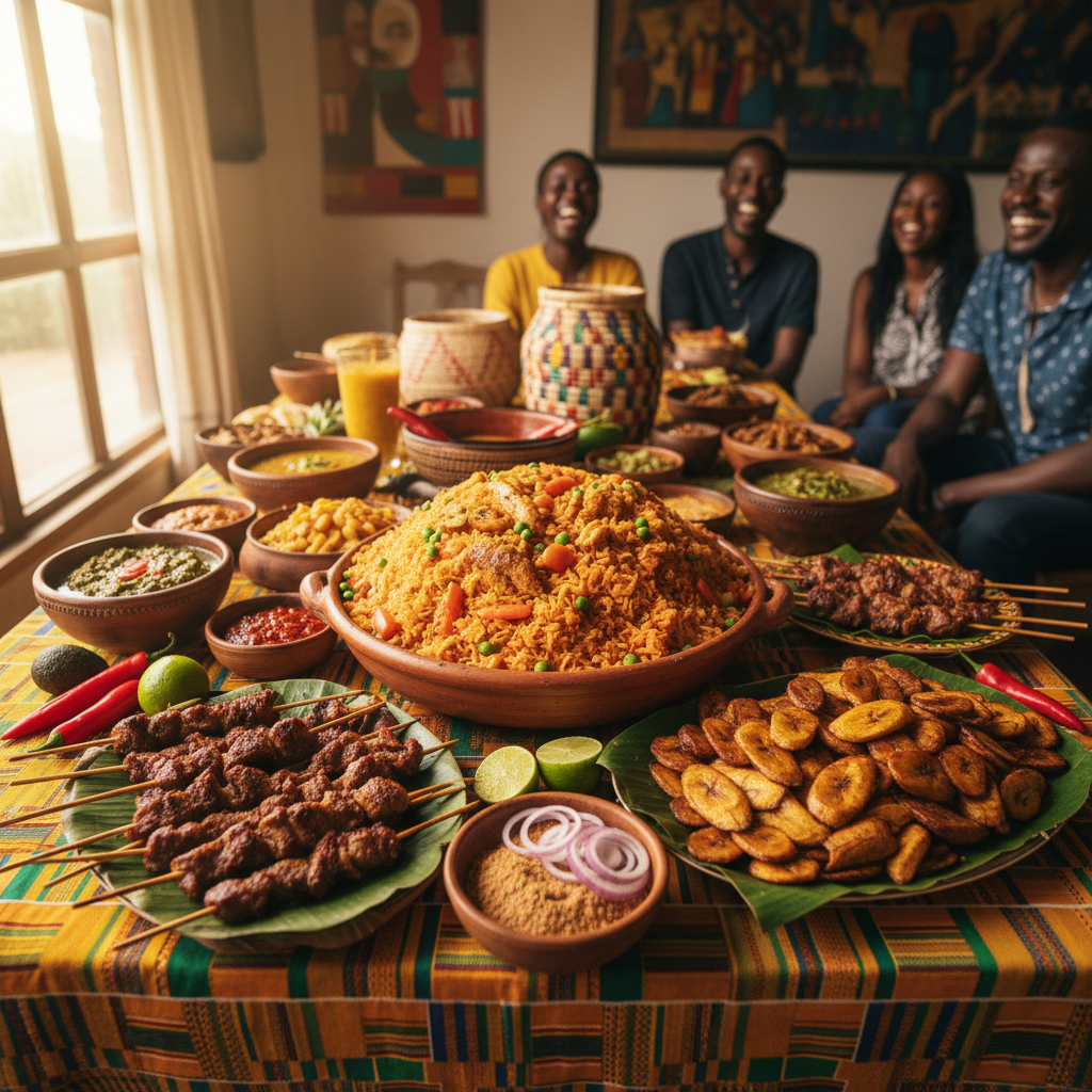 Colorful spread of West African dishes including rice, peanut stew and grilled fish on woven mat with vibrant orange and red sauces