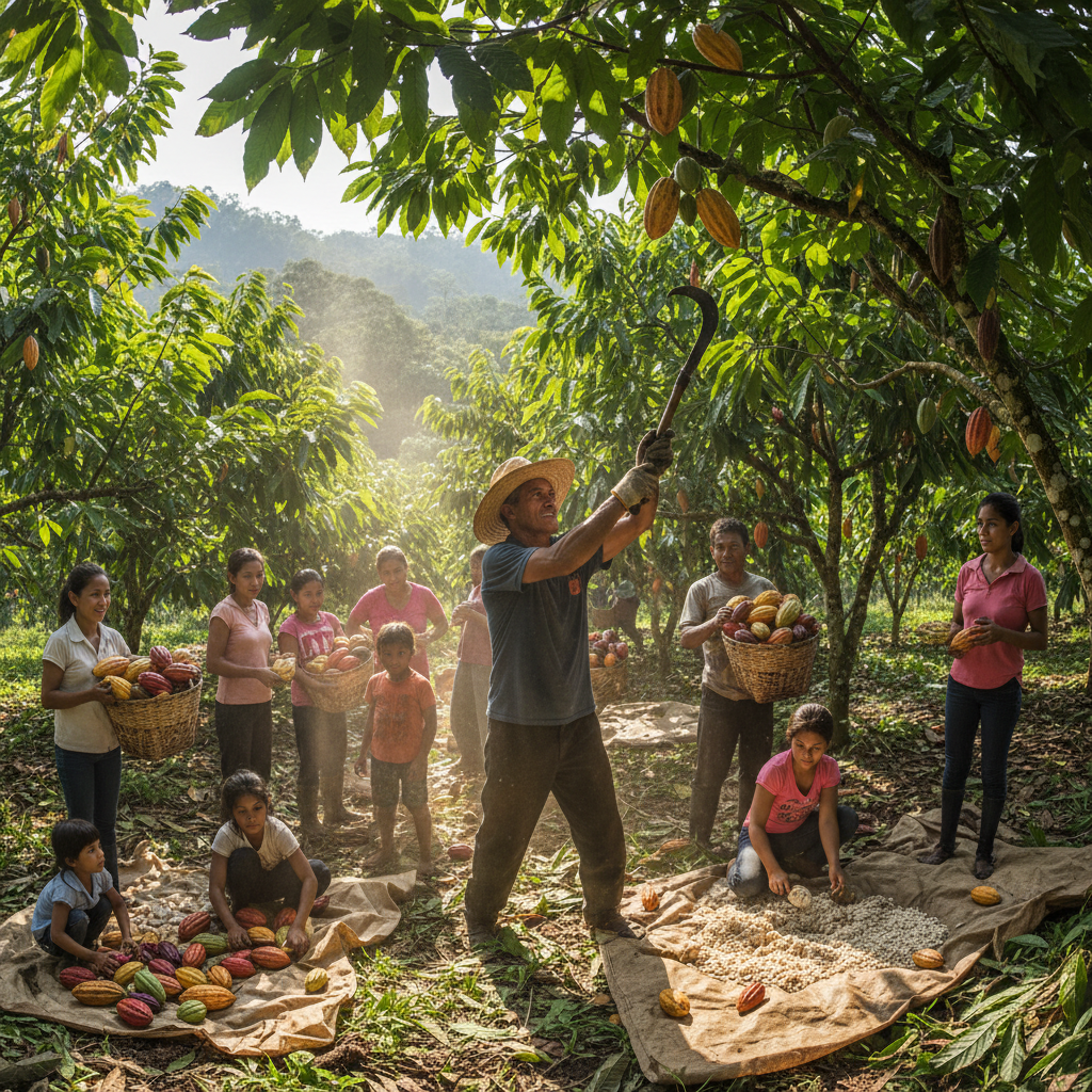 Ecuadorian chocolate maker Santiago Peralta at cacao farm with farming families