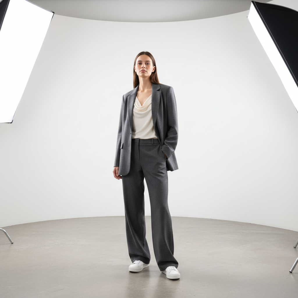 Model in minimal outfit, clean aesthetic, soft purple ambient light, studio