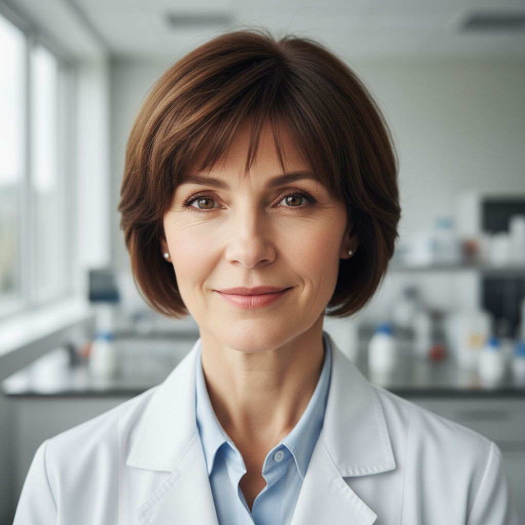 Dr. Sarah Kowalski, rheumatologist in clinical white coat, professional headshot