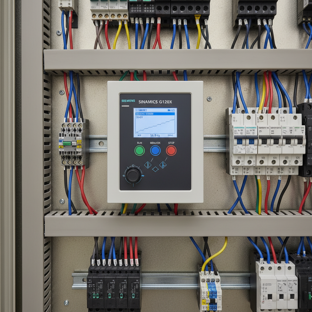 Variador de frecuencia Danfoss montado en panel de control industrial, fondo oscuro técnico