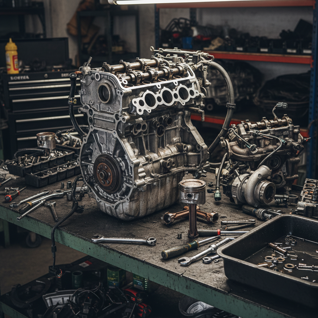 Car parts and automotive accessories on a garage workbench, well-lit workshop