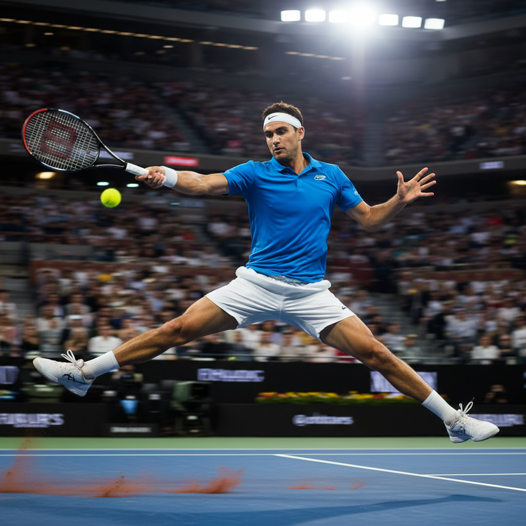 Tennis player at full stretch for a backhand return, stadium crowd blurred behind