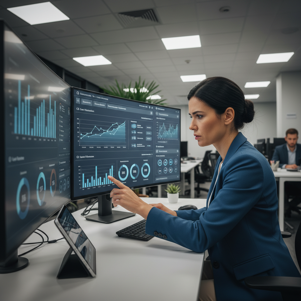 Customer support manager analyzing cost reduction metrics and efficiency reports on dashboard