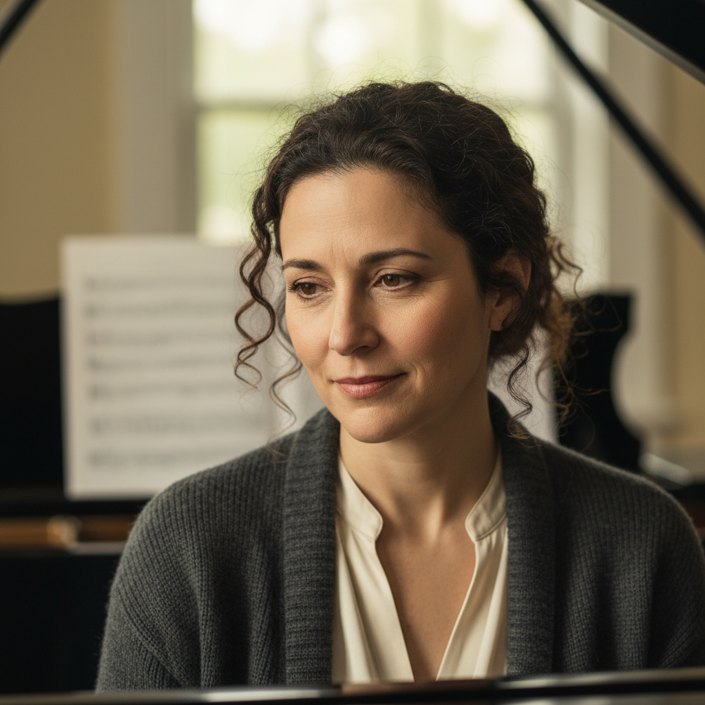 Female jazz piano instructor with thoughtful expression, professional portrait
