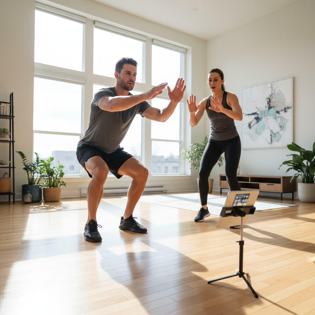 Woman doing a quick workout in a living room with a tablet nearby