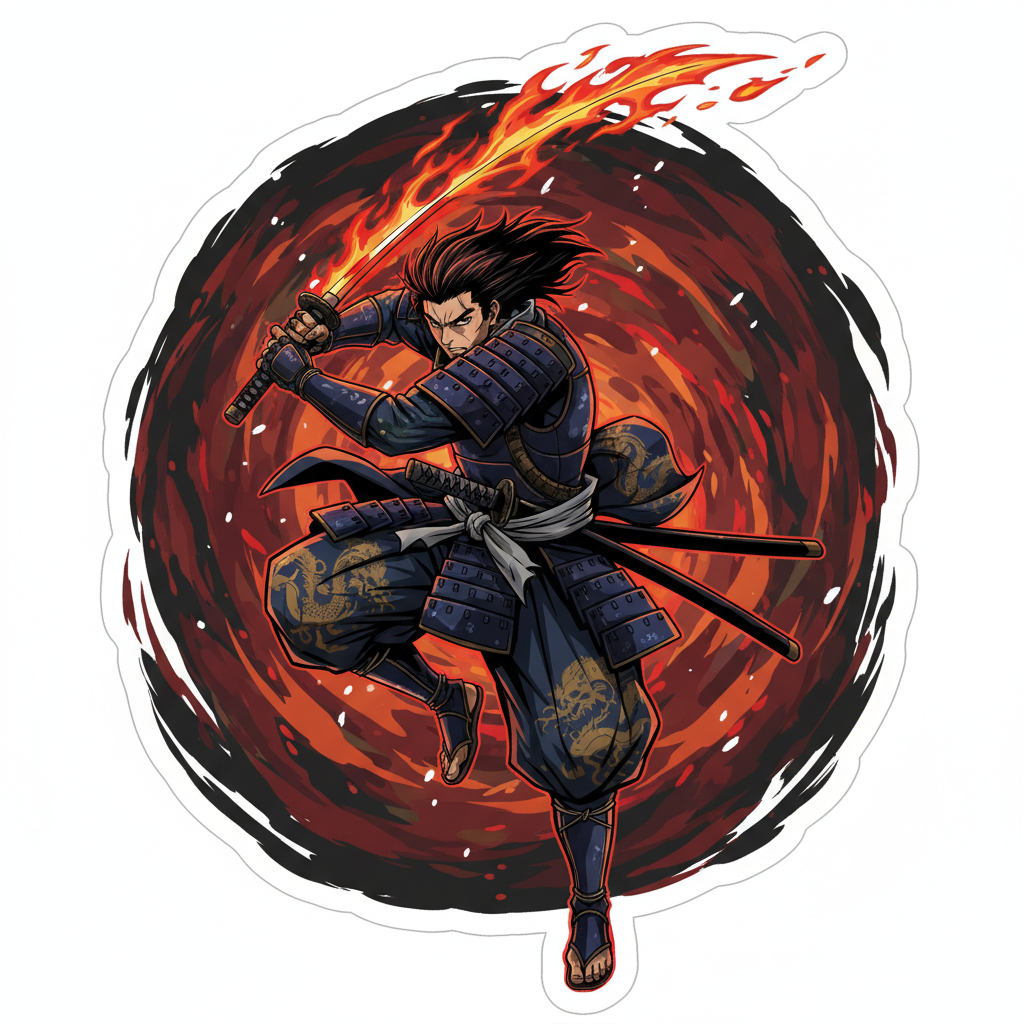 Anime-style warrior character in dramatic pose with bright orange and black color scheme