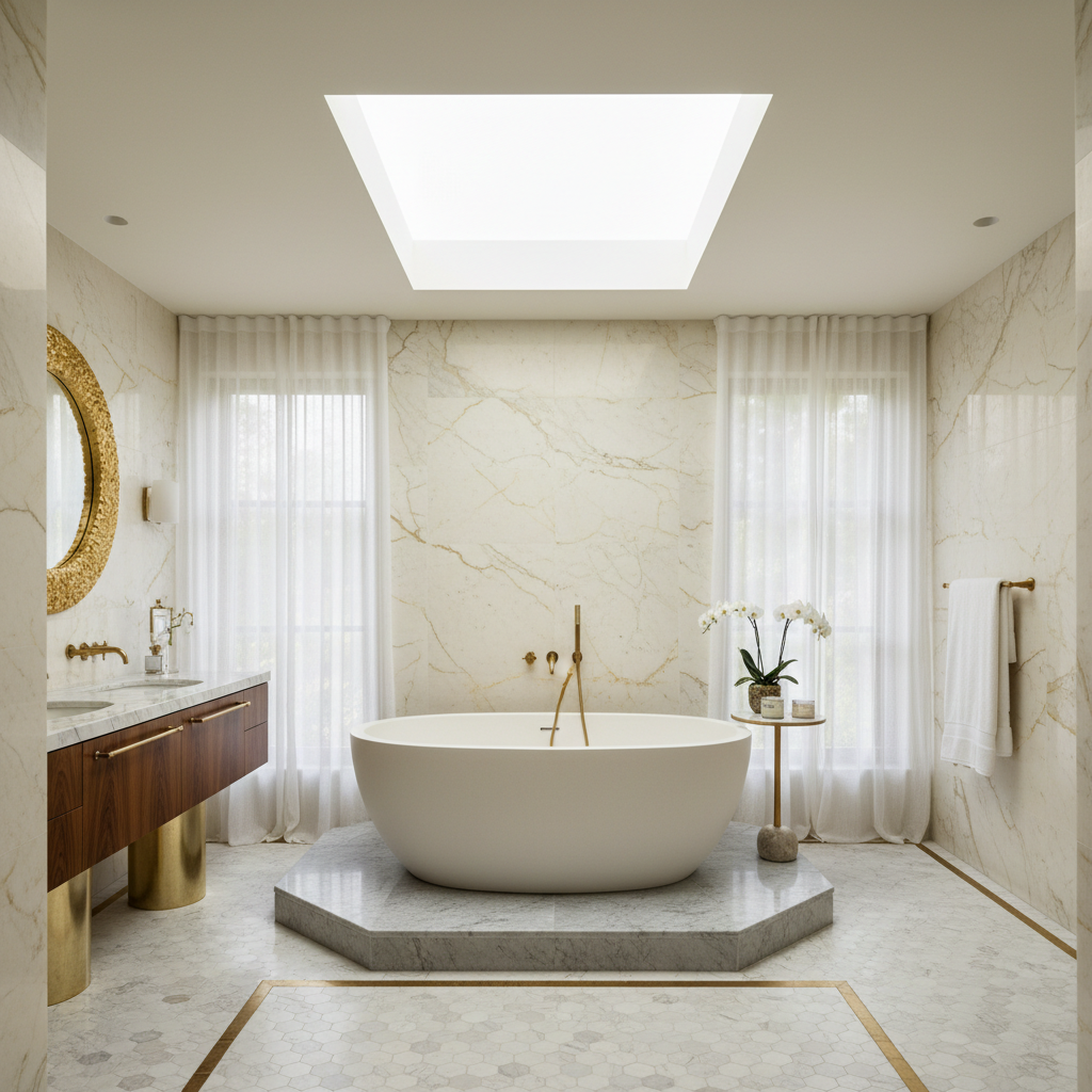 Spa-inspired master bathroom with freestanding soaking tub, floor-to-ceiling marble and gold fixtures
