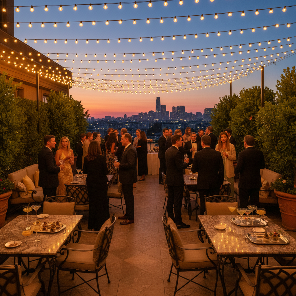 Luxury outdoor terrace with stone flooring and teak furniture against a city backdrop at dusk