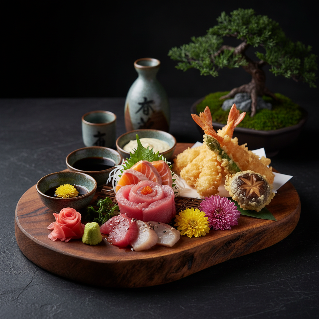Elegant Japanese omakase dinner setting with sashimi and sake