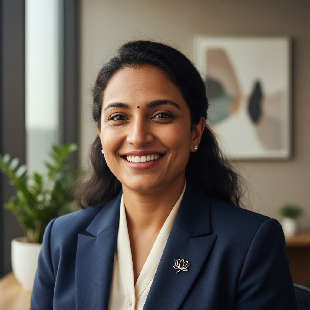 Professional headshot of a South Asian woman boutique owner with warm smile