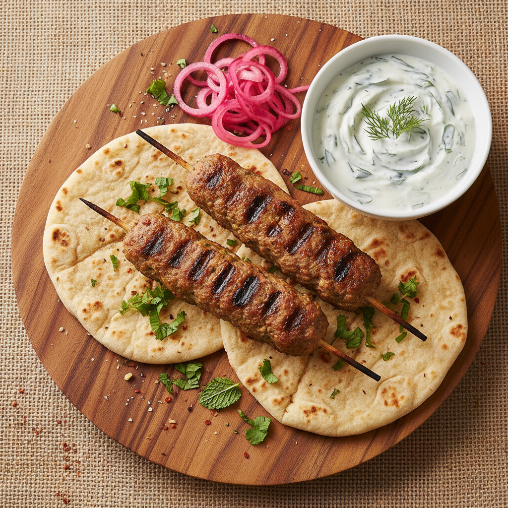 Grilled lamb kofta skewers on a platter with flatbread and yogurt sauce