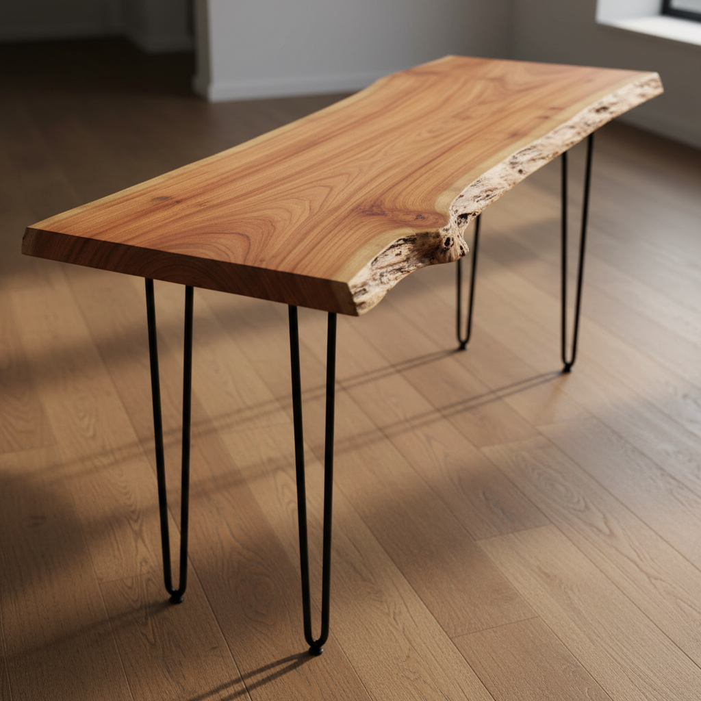 Walnut live edge console table with hairpin legs, natural edge preserved, entryway