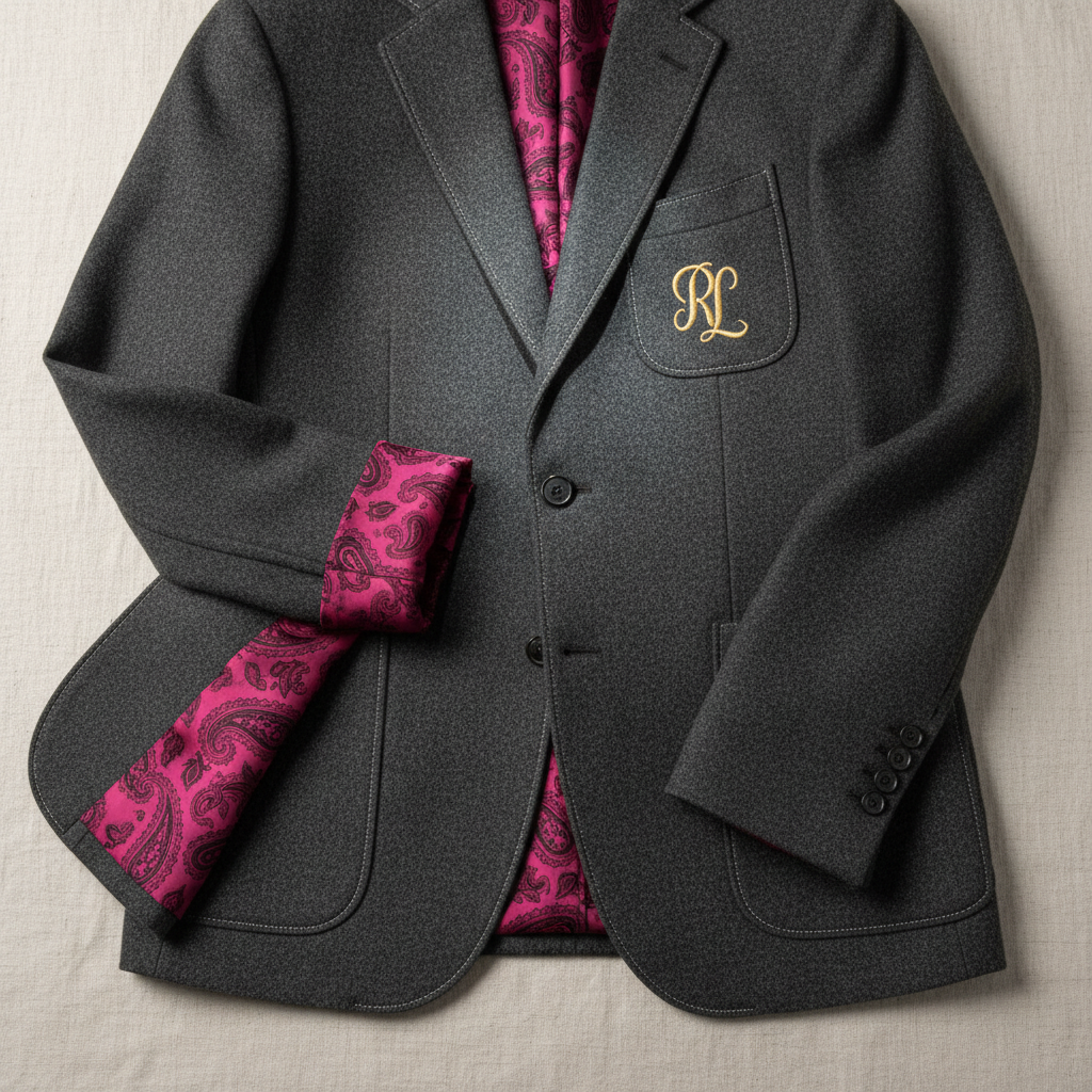 Tailored blazer with custom contrast lining visible at cuff, monogram on chest pocket, perfect fit