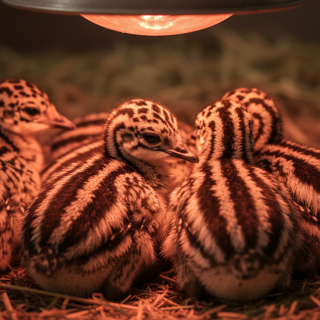 Baby emu chicks huddled together under warm brooder lights, fluffy and striped brown
