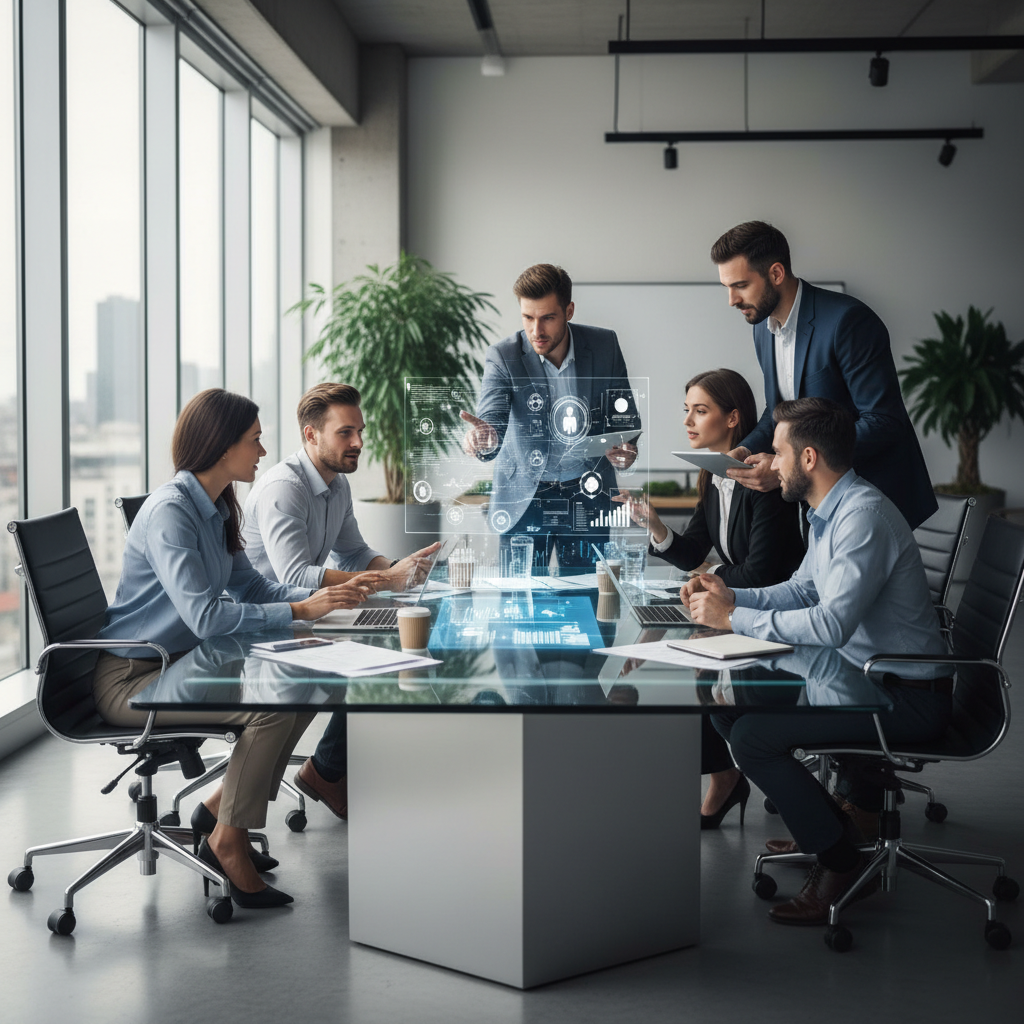Professional team collaborating on digital content strategy in a dark modern office with glowing screens and warm overhead lighting