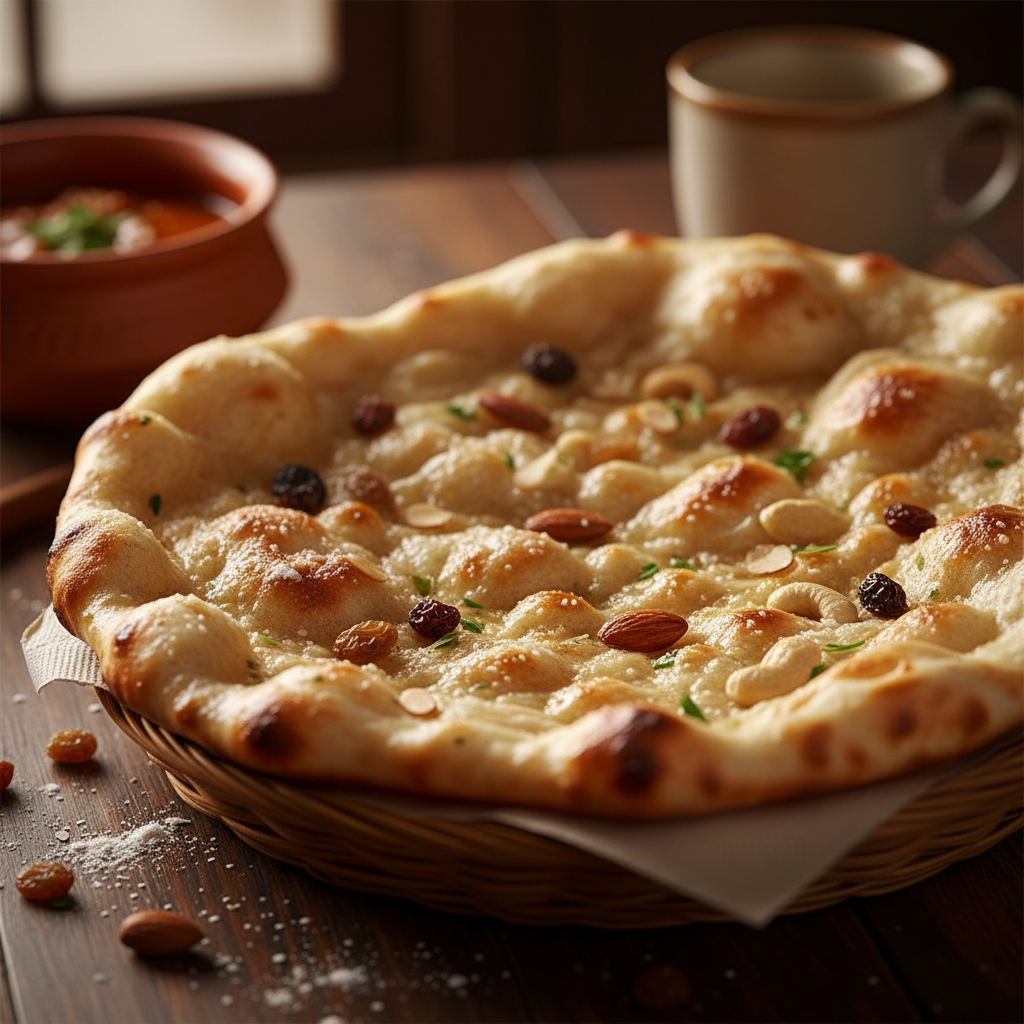Peshwari naan golden-brown from the tandoor with a dusting of flour, on a wooden board