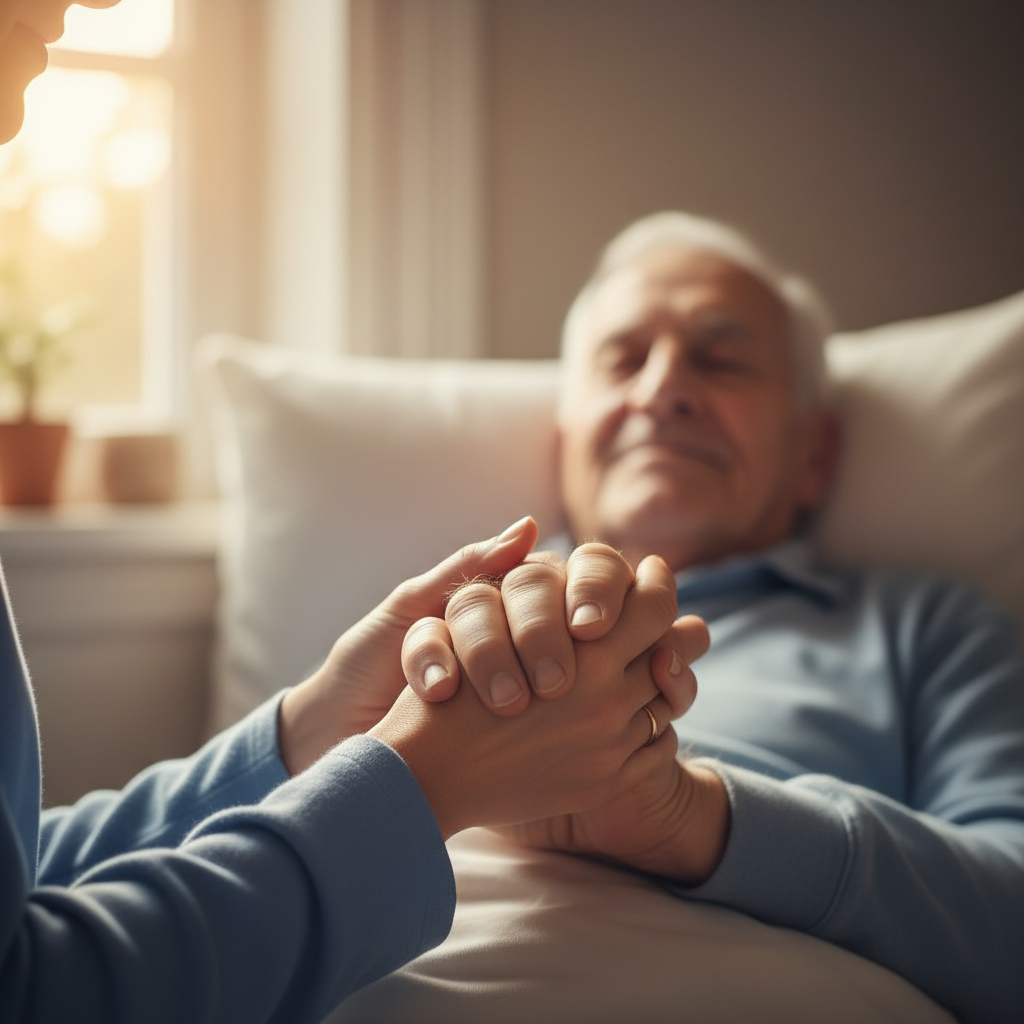 Caregiver holding elderly man's hand on porch in warm afternoon light