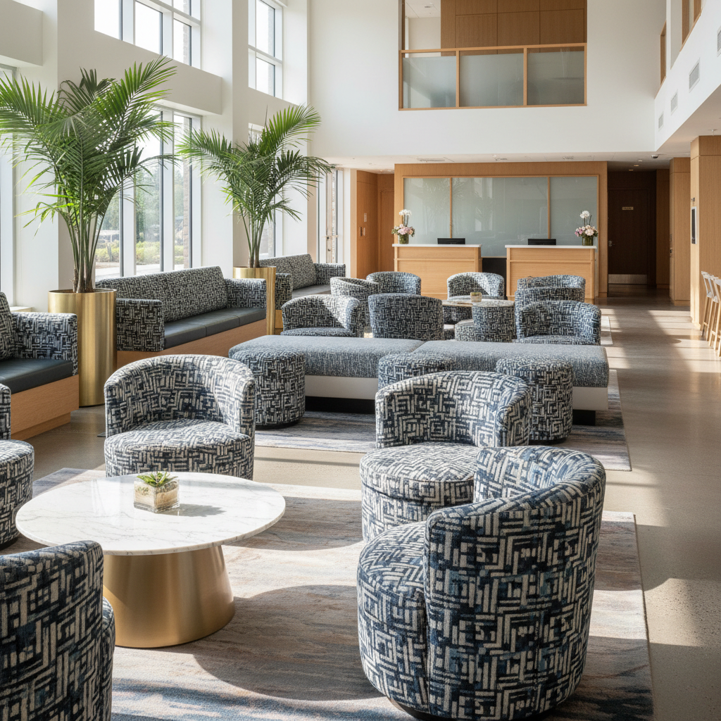Hotel lobby with freshly reupholstered tub chairs and banquette seating in coordinated fabric