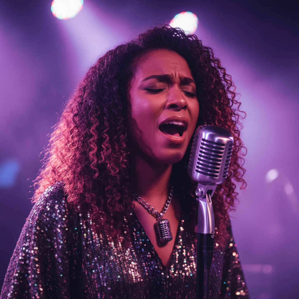 R&B singer performing with microphone in recording studio