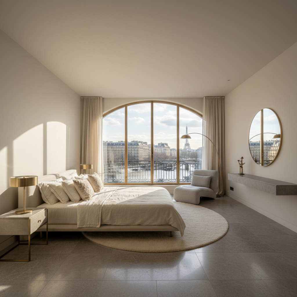 Master bedroom with floor-to-ceiling windows overlooking the canal