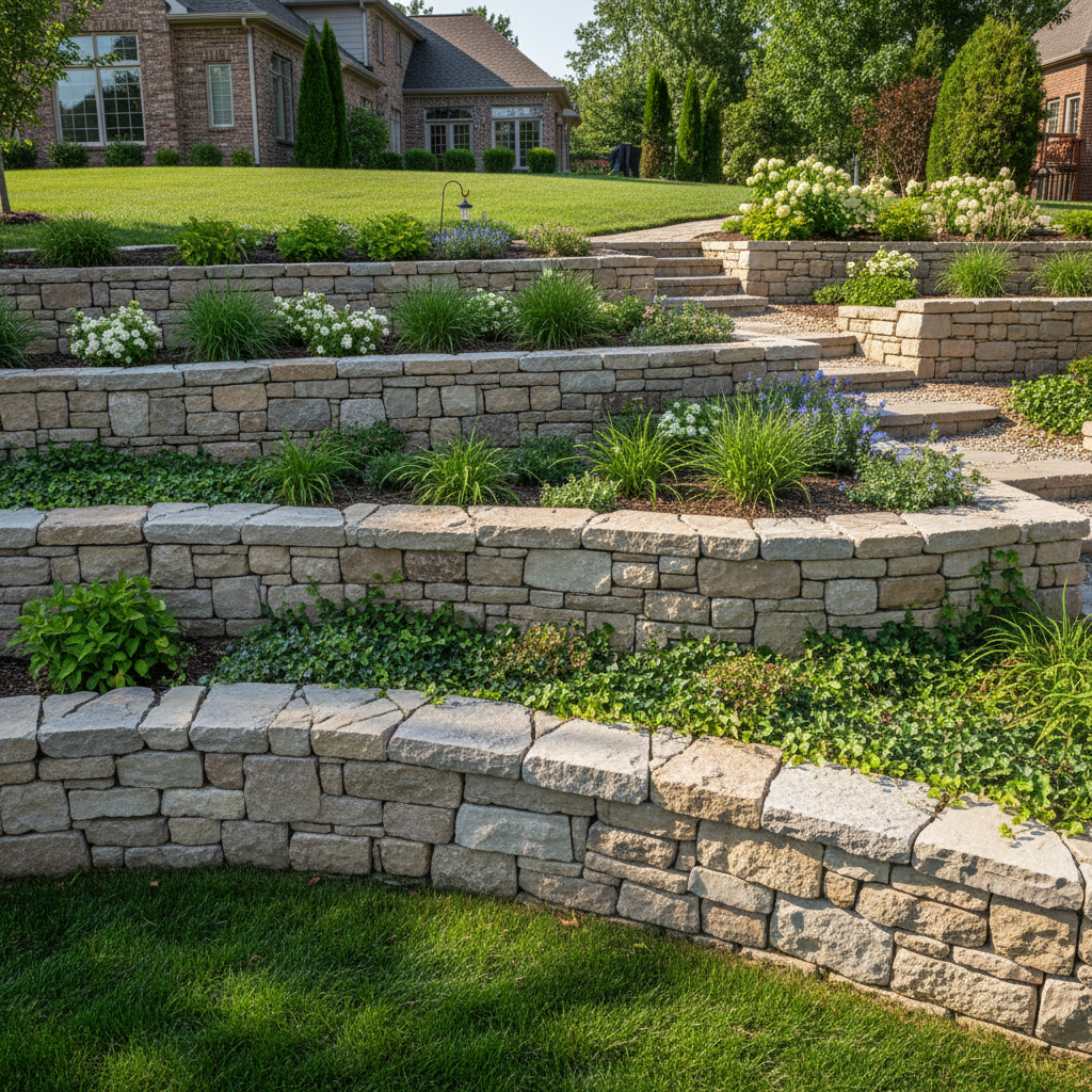 Dry-stack limestone retaining wall terracing a sloped suburban backyard
