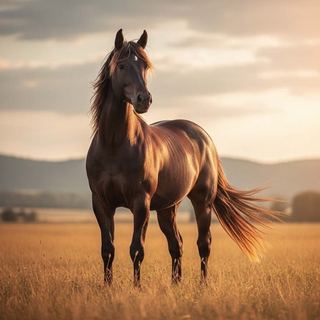 Dark bay colt with proud stance in golden hour light, mane blowing slightly in breeze