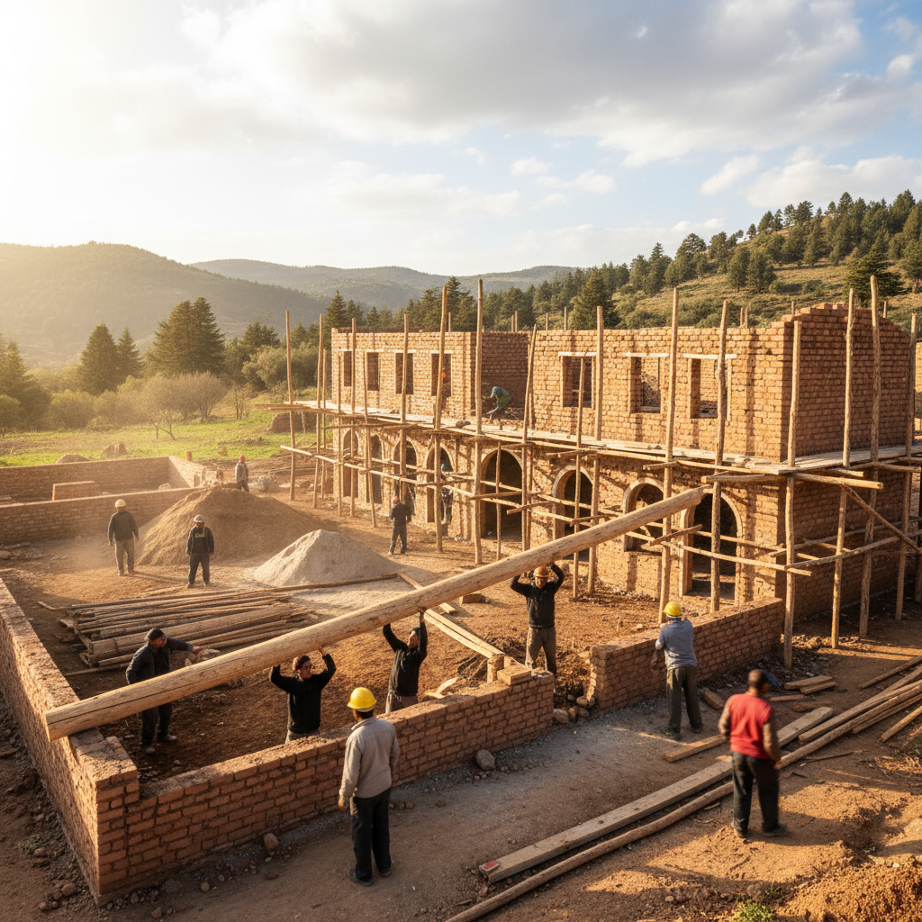 Construction workers building a simple structure in daylight, clear outdoor setting