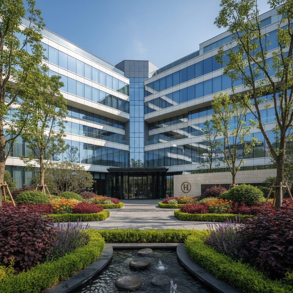 Mid-range hotel exterior with welcoming entrance, clean facade, and professional signage