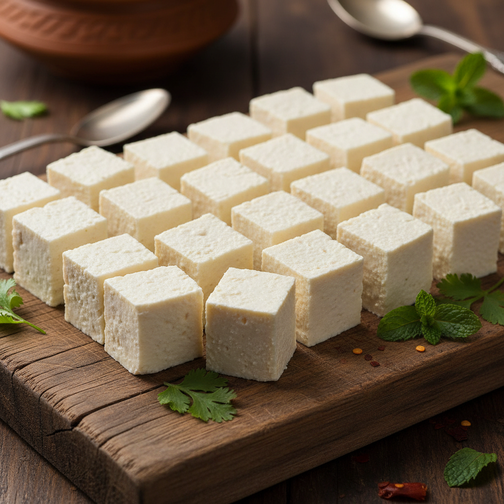 Fresh white paneer cheese block on a wooden cutting board with herbs