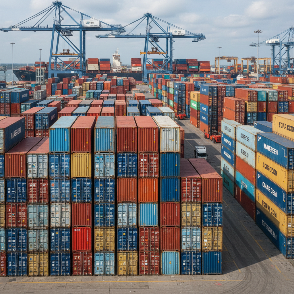 Freight container yard showing rows of stacked shipping containers at a busy logistics terminal
