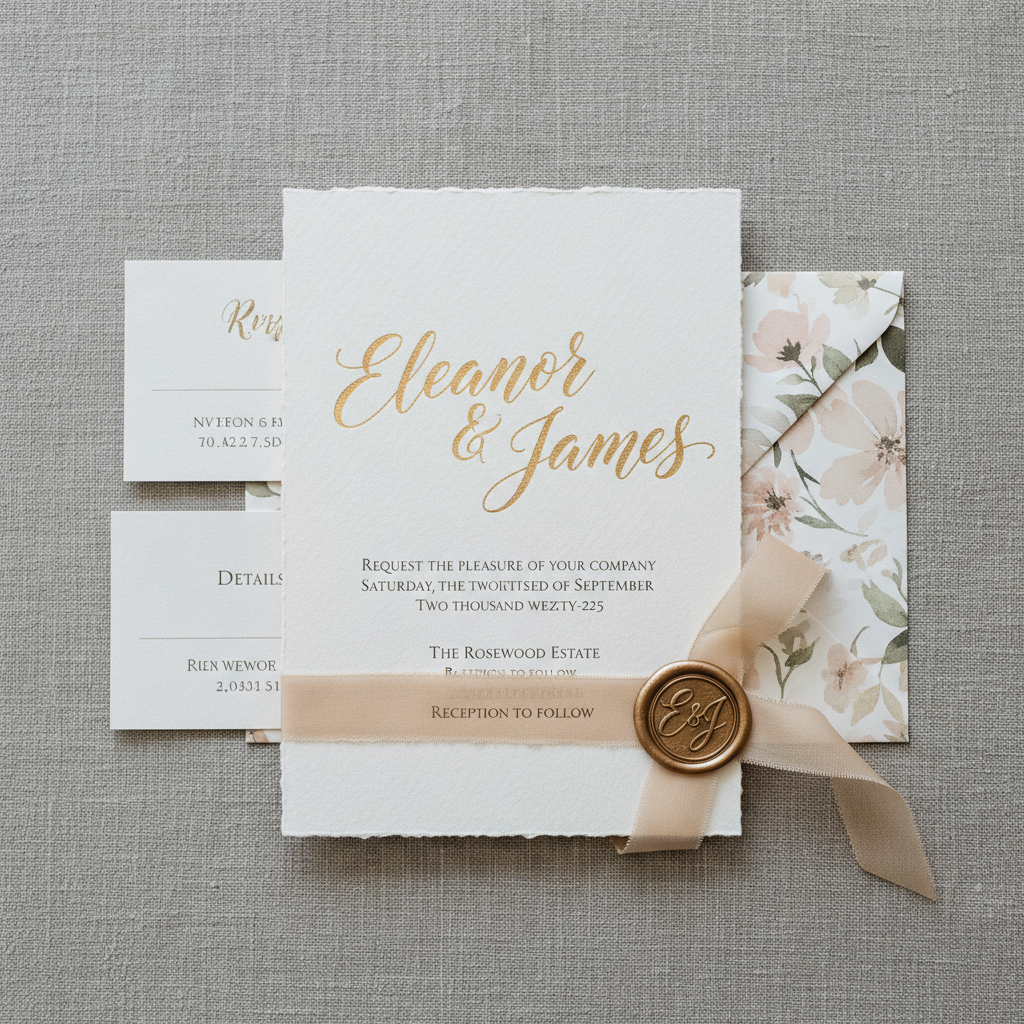 Finished luxury wedding invitation suite with hand-lettered names on thick cotton paper