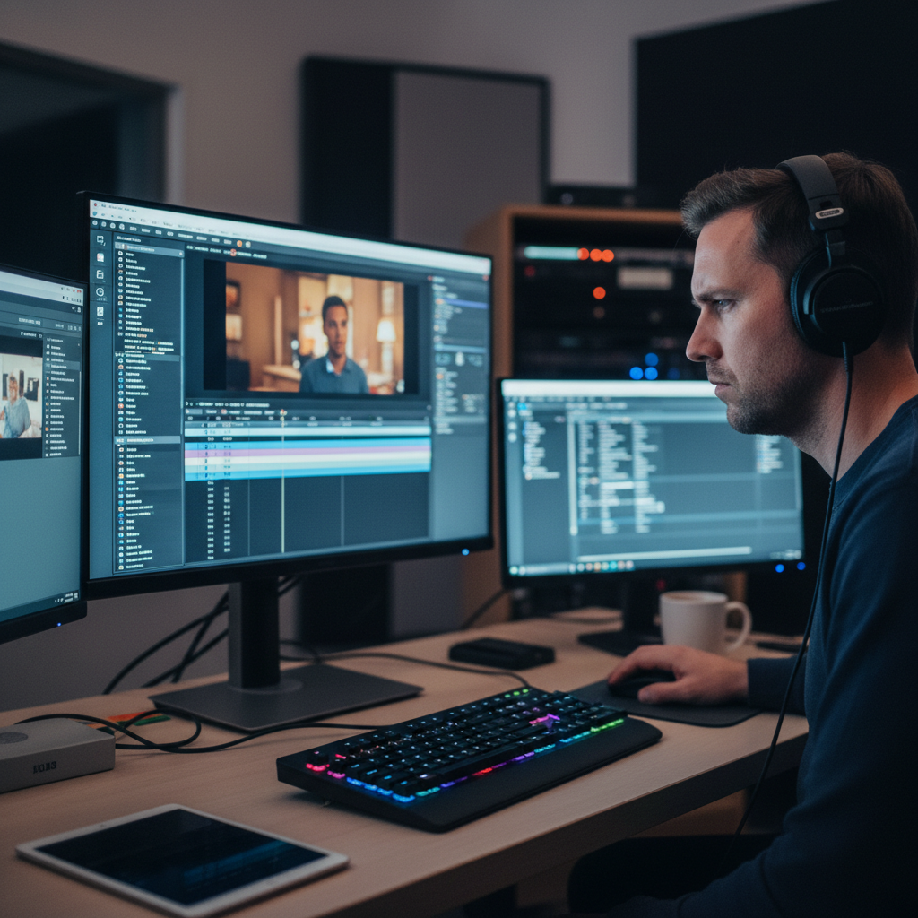 Video editor reviewing documentary footage on monitor in post-production suite