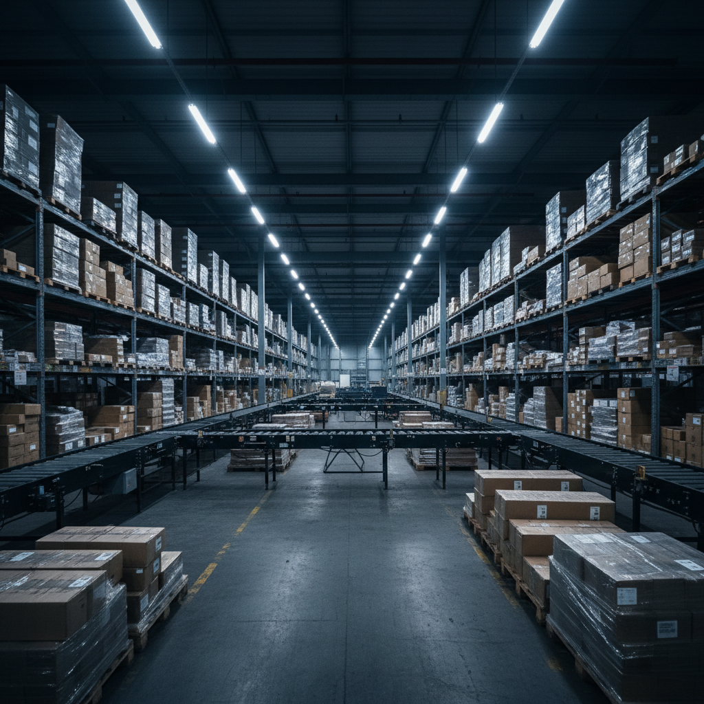 Logistics warehouse at night, dark industrial space with deep shadows, moody overhead lighting