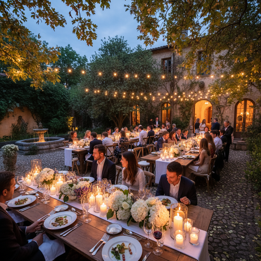Private outdoor gathering with guests eating around tables decorated with candles and flowers