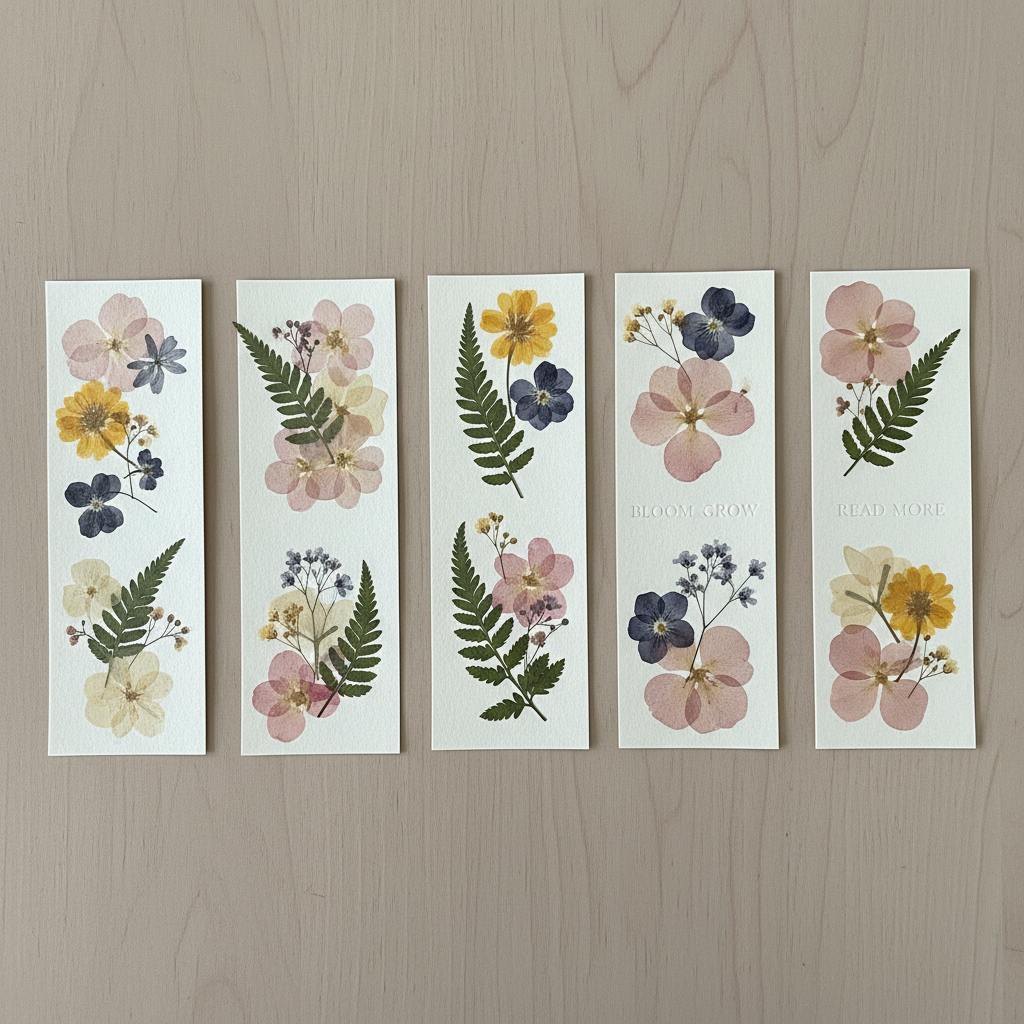 Set of four handmade botanical bookmarks pressed with real leaves and ferns on cream paper