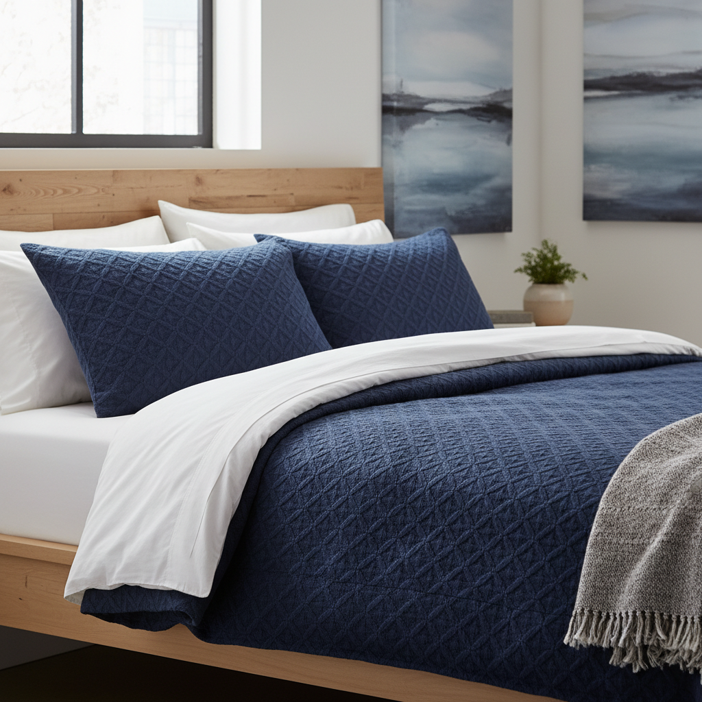 Indigo Diamond Weave Bedsheet — handwoven cotton bedsheet in warm natural light