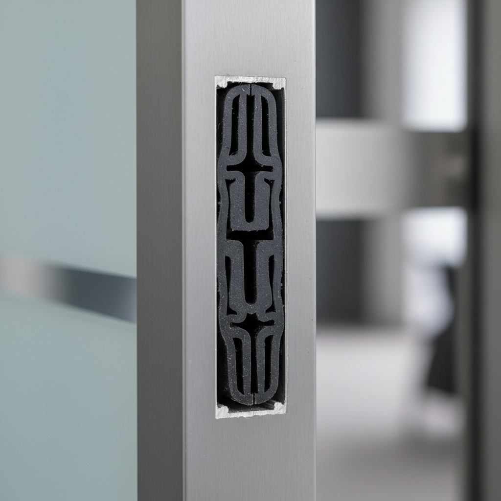 Close-up cross-section view of EPDM rubber compression seal fitted into aluminum door frame kerf cut