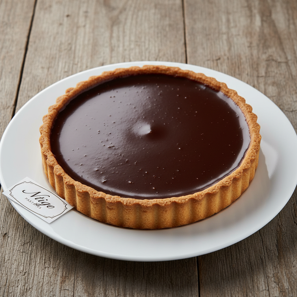 Dark chocolate tart with glossy ganache filling on white plate, rustic wooden table background