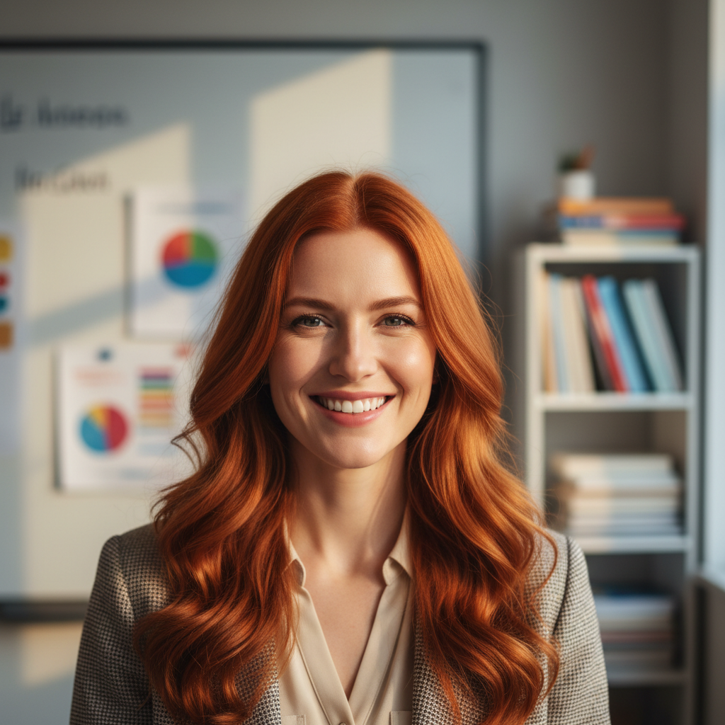 Professional woman in colorful attire with warm smile in educational setting