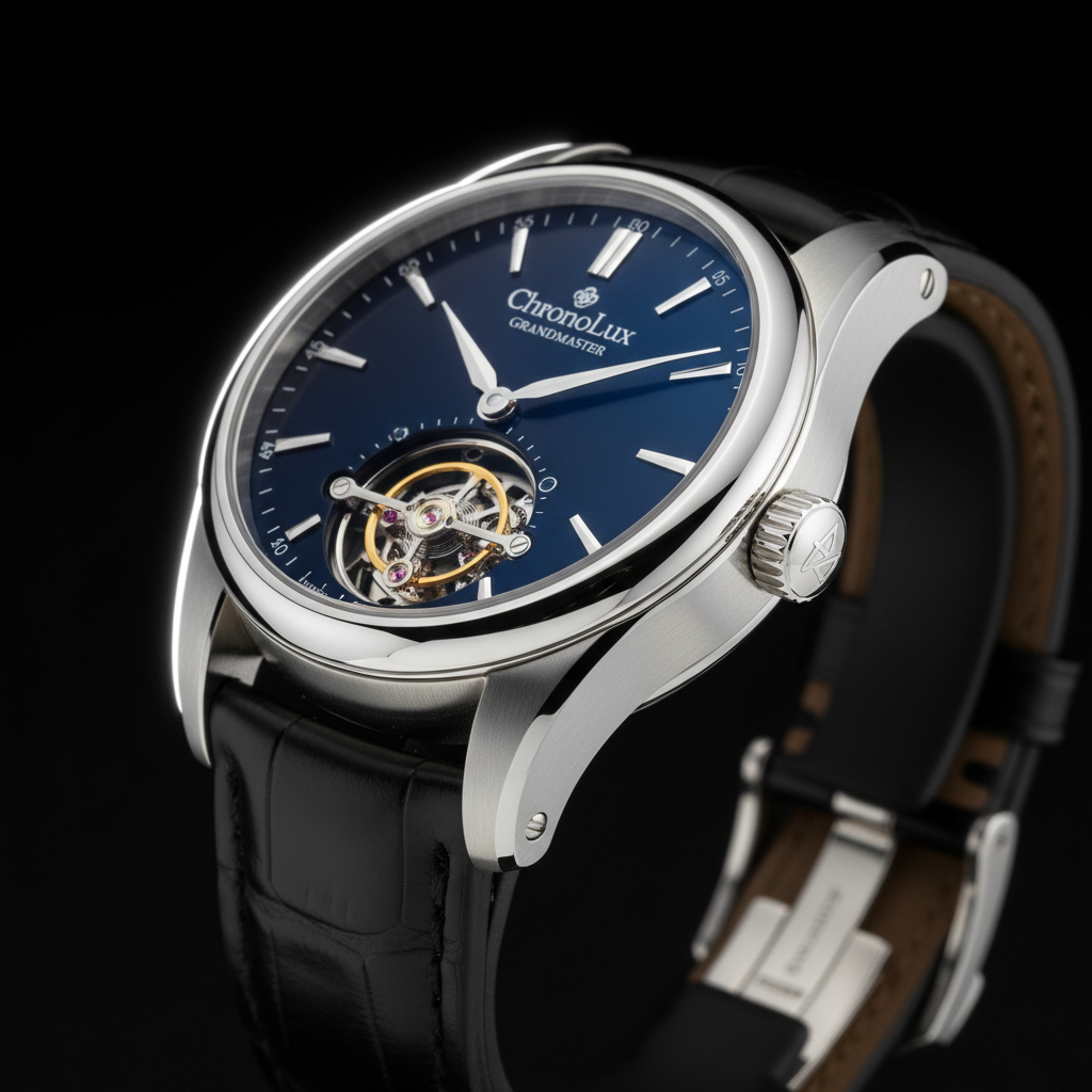 Platinum chronograph watch with two subdials, dark atmosphere, brushed case