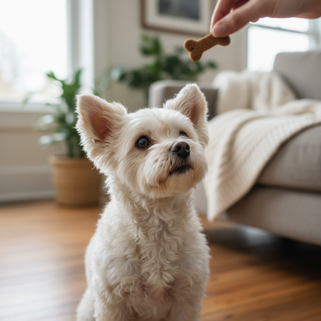 Small dog training session with owner holding treat, focused attention