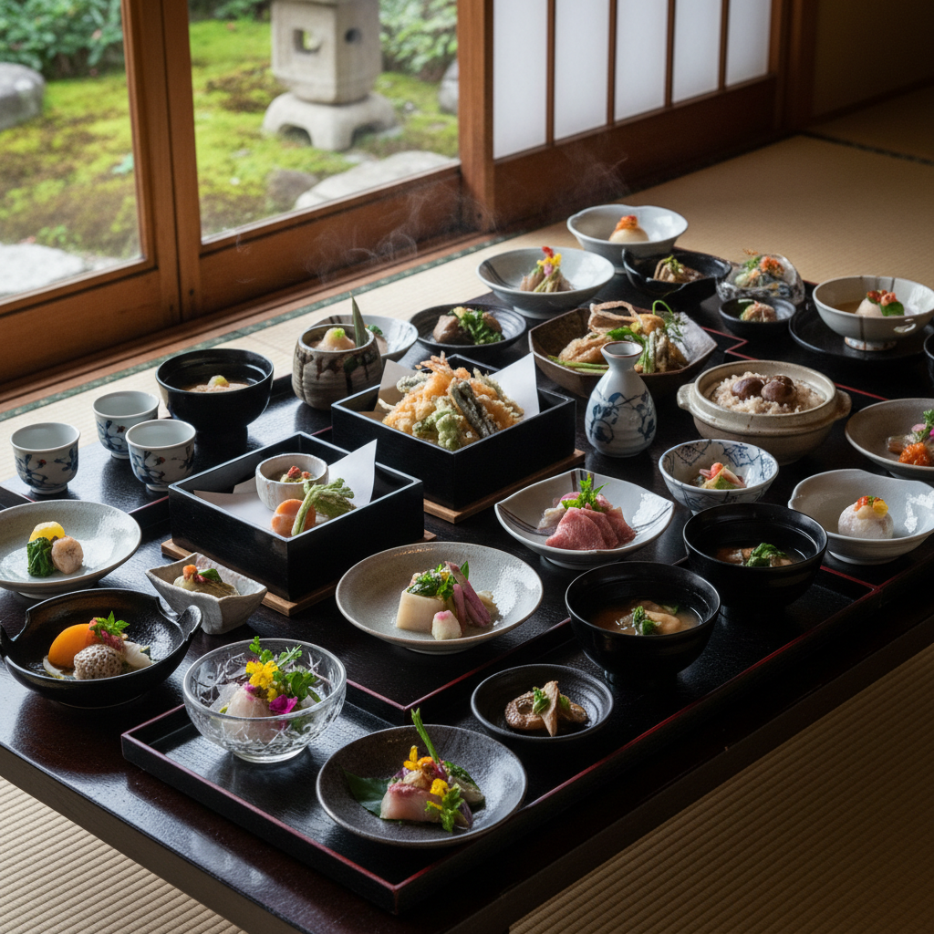 Traditional Japanese kaiseki dinner with delicate seasonal dishes on lacquered trays