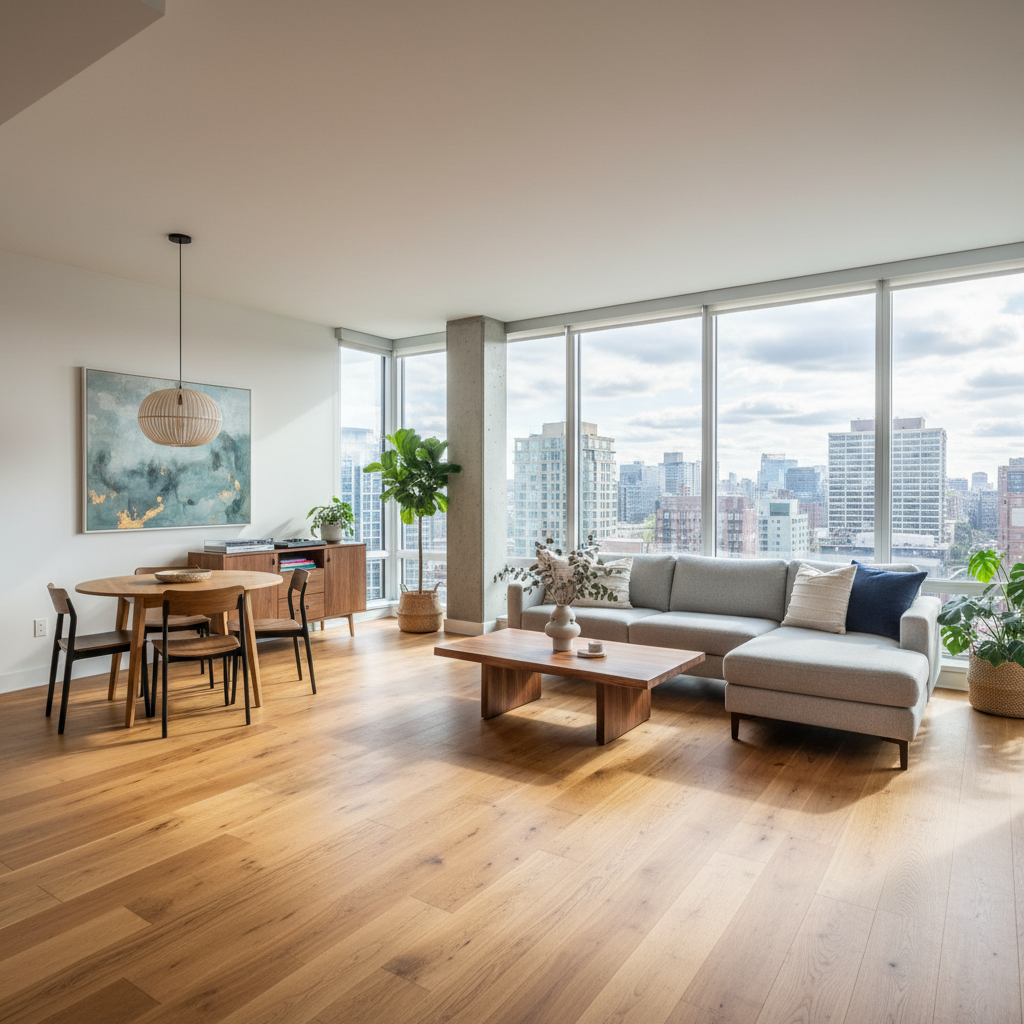 Modern apartment interior with canal view in Amsterdam
